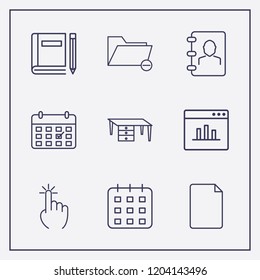 Outline 9 desk icon set. document, phone book, remove folder and table vector illustration