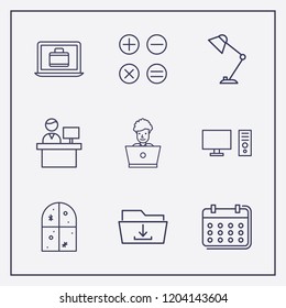 Outline 9 desk icon set. laptop worker, desktop lamp, reception and calendar vector illustration