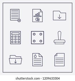 Outline 9 desk icon set. analytics document, dice, medicine document and download folder vector illustration