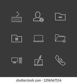 Outline 9 desktop icon set. remove folder, keyboard, laptop and handset check vector illustration