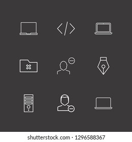 Outline 9 desktop icon set. pc case, remove folder, laptop and pen tool vector illustration