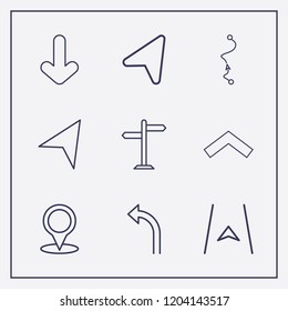 Outline 9 direction icon set. arrow, turn left arrow, navigation and distance map vector illustration