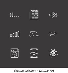 Outline 9 dirty icon set. signal bars, pig, washing machine and vacuum cleaner vector illustration