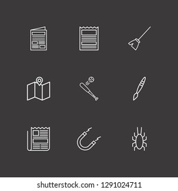 Outline 9 dirty icon set. bug, map, paint brush and broom vector illustration