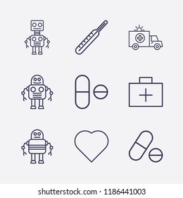 Outline 9 doctor icon set. robot, heart, pill, medicine thermometer, ambulance and medical aid box vector illustration