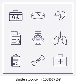 Outline 9 doctor icon set. lungs, medicine document, pill and heart vector illustration
