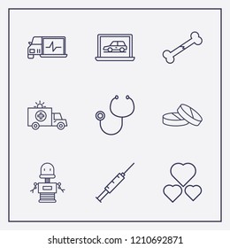 Outline 9 doctor icon set. diagnostic, heart, broken bone and ambulance vector illustration