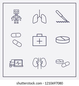 Outline 9 doctor icon set. pill, robot, lungs and diagnostic vector illustration