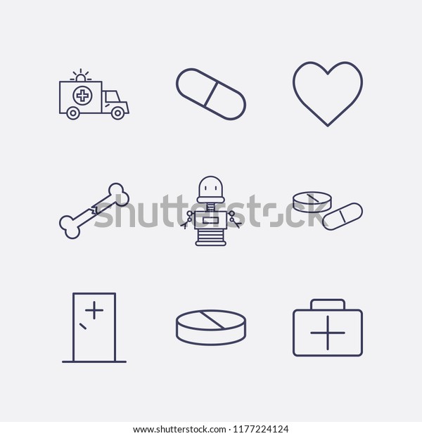 Outline 9 doctor icon set. ambulance,\
medicine door, medicine briefcase, broken bone, heart, robot and\
pill vector\
illustration