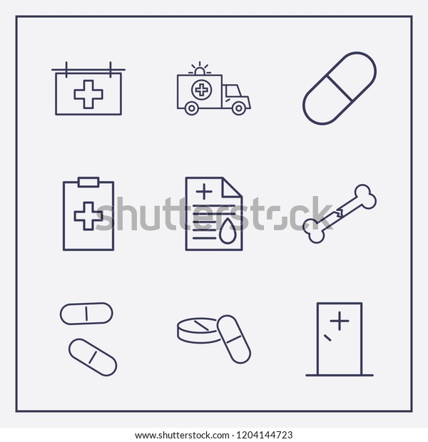 Outline 9 doctor icon\
set. ambulance, medical billboard, medicine clipboard and broken\
bone vector\
illustration