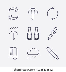 Outline 9 drop icon set. raining, blood bag, refresh, pipette, umbrella and beer bottle vector illustration