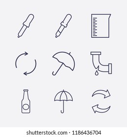 Outline 9 drop icon set. pipette, beer bottle, broken pipe, beaker, umbrella and refresh vector illustration