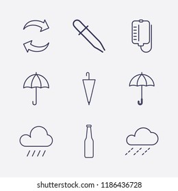 Outline 9 drop icon set. blood bag, beer bottle, raining, pipette, umbrella and refresh vector illustration