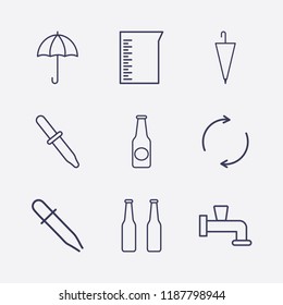 Outline 9 drop icon set. pipette, umbrella, refresh, water crane, beaker and beer bottle vector illustration
