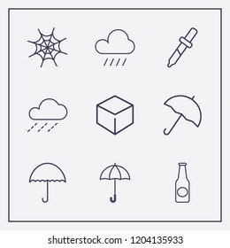 Outline 9 drop icon set. cube, raining, pipette and umbrella vector illustration