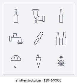 Outline 9 drop icon set. umbrella, spider web, beer bottle and champagne bottle vector illustration