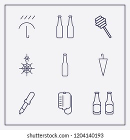 Outline 9 drop icon set. beer bottle, honey dipper, spider web and umbrella vector illustration