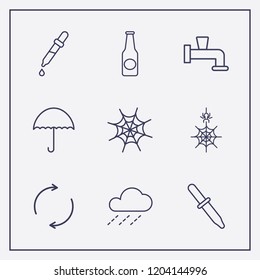 Outline 9 drop icon set. water crane, beer bottle, umbrella and spider web vector illustration