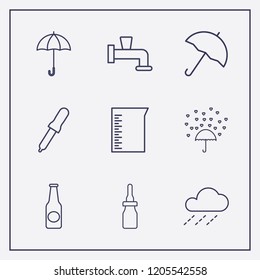 Outline 9 drop icon set. water crane, umbrella, pipette and love rain vector illustration