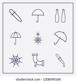 Outline 9 drop icon set. umbrella, spider web, beer bottle and pipette vector illustration