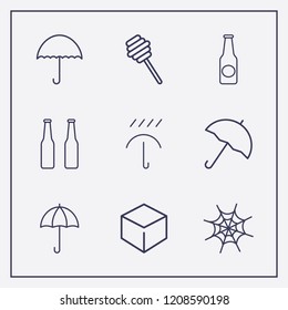 Outline 9 drop icon set. spider web, umbrella, cube and honey dipper vector illustration