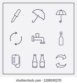 Outline 9 drop icon set. umbrella, beer bottle, blood bag and refresh vector illustration