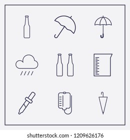 Outline 9 drop icon set. raining, umbrella, beer bottle and beaker vector illustration
