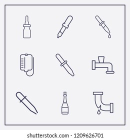 Outline 9 drop icon set. pipette, water crane, broken pipe and champagne bottle vector illustration
