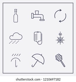 Outline 9 drop icon set. refresh, umbrella, raining and spider web vector illustration