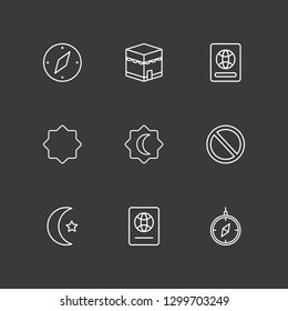 Outline 9 east icon set. rub el hizb, islam moon, compass and mecca vector illustration