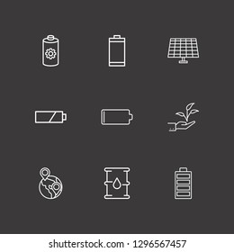 Outline 9 ecology icon set. globe, battery, hand with plant and solar battery vector illustration