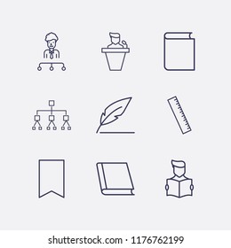 Outline 9 education icon set. bookmark, book, feather pen, speaker human, read the book, ruler and organization vector illustration