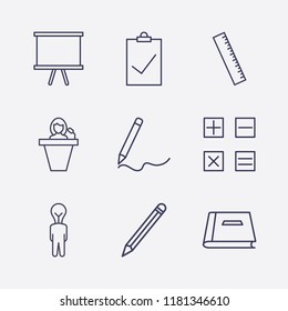 Outline 9 education icon set. board, calculator, ruler, pencil, clipboard check, speaker human, book and creativ human vector illustration