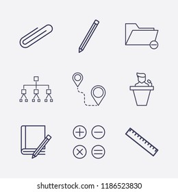 Outline 9 education icon set. distance, pencil, speaker human, book and pencil, ruler, calculator, paper clip, organization and remove folder vector illustration