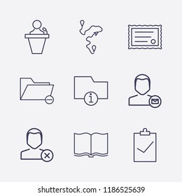 Outline 9 education icon set. speaker human, certificate, distance, information folder, remove folder, book, close user, clipboard check and user mail vector illustration