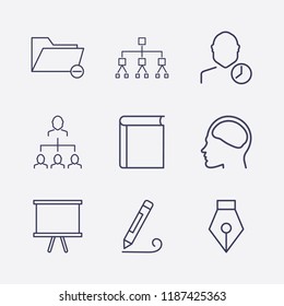 Outline 9 education icon set. book, organization, pen tool, board, pencil, head in brain, remove folder, businessman organized and user clock vector illustration