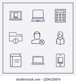 Outline 9 education icon set. read the book, online learning, laptop and calculator vector illustration
