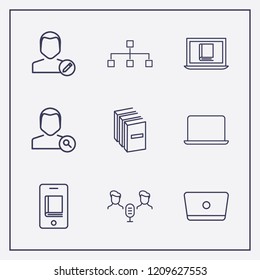 Outline 9 education icon set. book, organization, laptop and online learning vector illustration