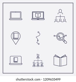 Outline 9 education icon set. analytics search, laptop, book and businessman organized vector illustration