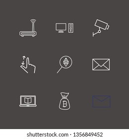 Outline 9 electronic icon set. pc, ethereum search, mail and security camera vector illustration