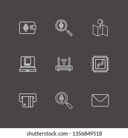 Outline 9 electronic icon set. ethereum search, cpu, ethereum wallet and card withdrawal vector illustration