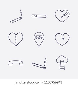 Outline 9 end icon set. broken heart, hang up, cloud with ladder, cigarette and bus location vector illustration