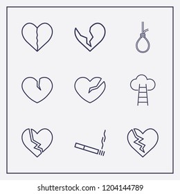 Outline 9 end icon set. broken heart, cigarette, cloud with ladder and suicide rope vector illustration