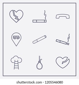 Outline 9 end icon set. suicide rope, cigarette, hang up and cloud with ladder vector illustration
