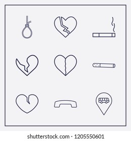 Outline 9 end icon set. suicide rope, broken heart, bus location and cigarette vector illustration