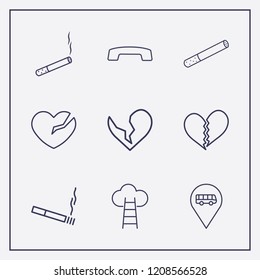 Outline 9 end icon set. bus location, broken heart, cigarette and hang up vector illustration