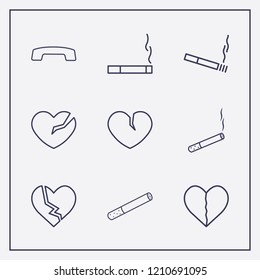 Outline 9 end icon set. cigarette, broken heart and hang up vector illustration