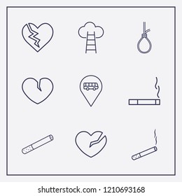 Outline 9 end icon set. cigarette, bus location, cloud with ladder and suicide rope vector illustration
