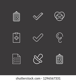 Outline 9 exam icon set. ear, nipple, medicine clipboard and check vector illustration