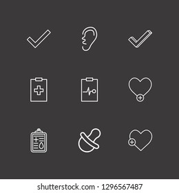 Outline 9 exam icon set. nipple, add heart, ear and check vector illustration